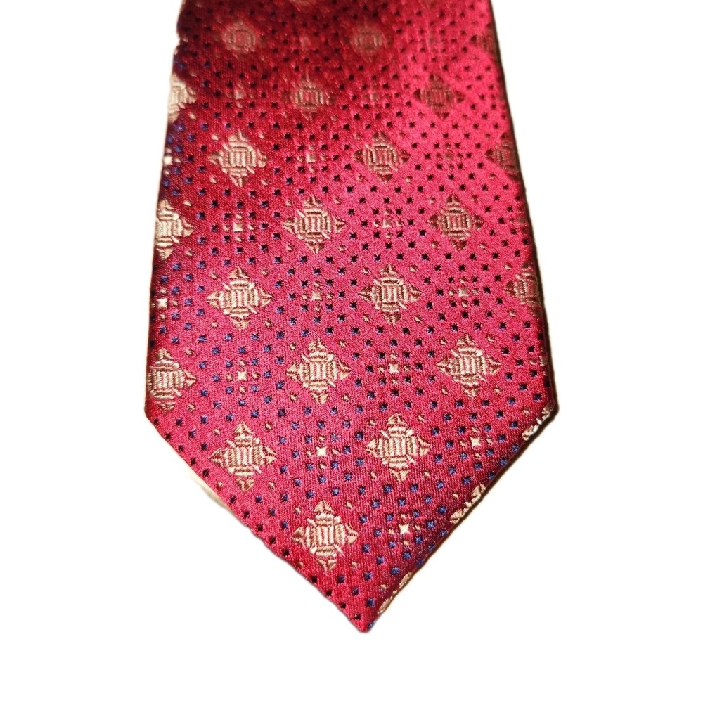 DUCHAMP London Men's Silk Tie Red Gold & Navy Dot Floral Handmade Quiet Luxury